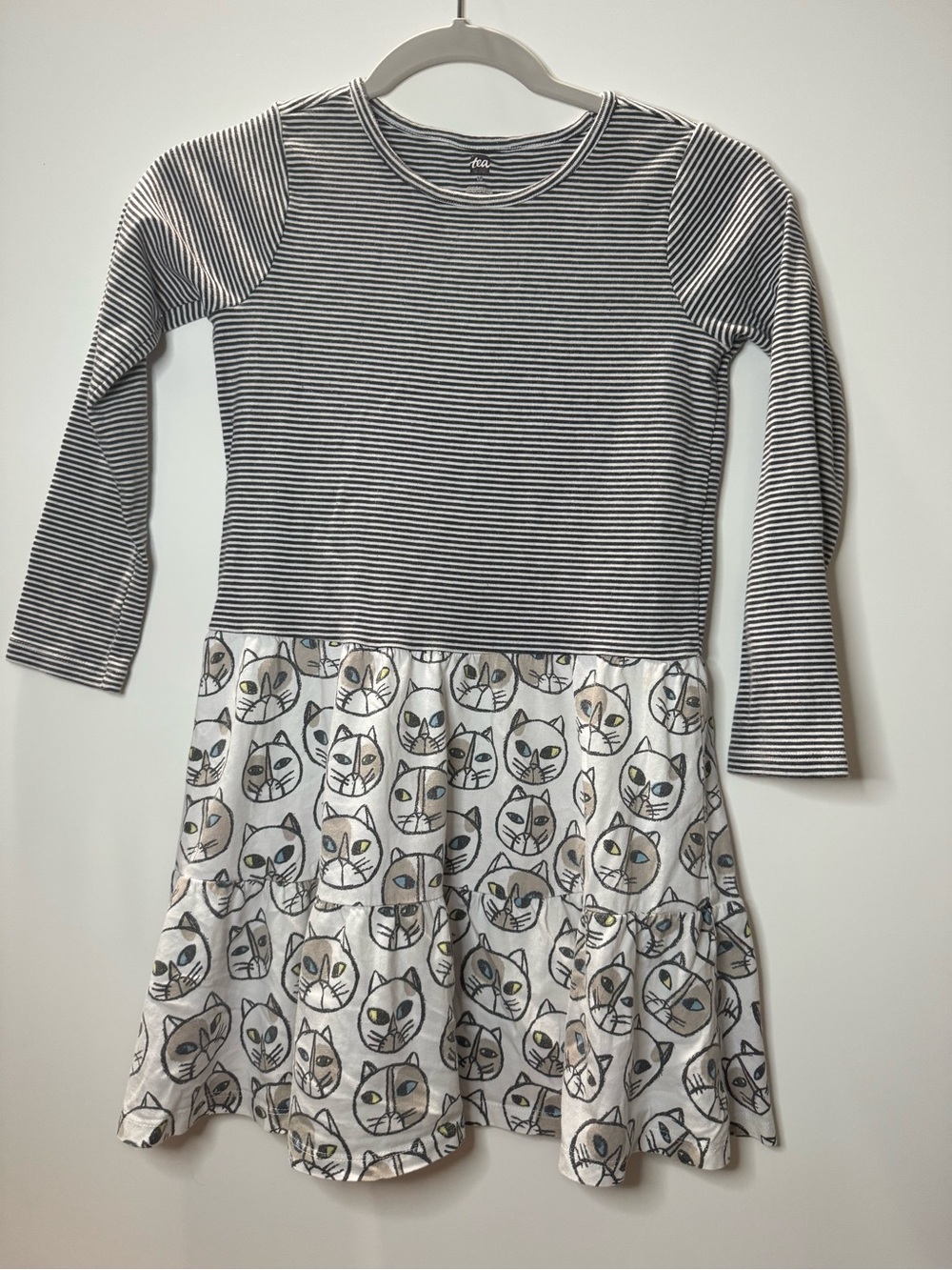 Tea Collection Girls Size 10 Cat Print Striped Long Sleeve Dress